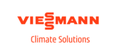 Roter Schriftzug Viessmann mit der Ergänzung Climate Solutions in Rot darunter auf weißem Grund