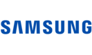 Blaue Großbuchstaben des Markennamens Samsung auf weißem Hintergrund