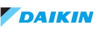 Mittelblauer Schriftzug Daikin mit dreieckigem Logo-Element in Schwarz und Hellblau auf weißem Grund